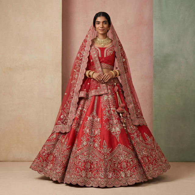 Red embroidered bridal lehenga with flared skirt and matching sheer dupatta