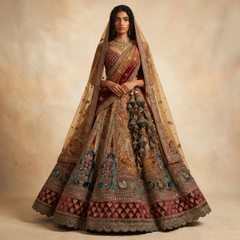Maroon bridal lehenga skirt with gold embroidery, teal motifs, and ornate border detailing