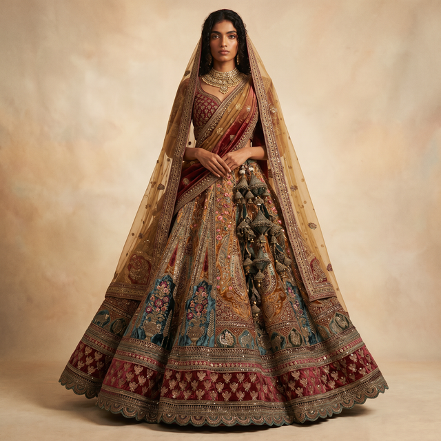 Maroon bridal lehenga skirt with gold embroidery, teal motifs, and ornate border detailing