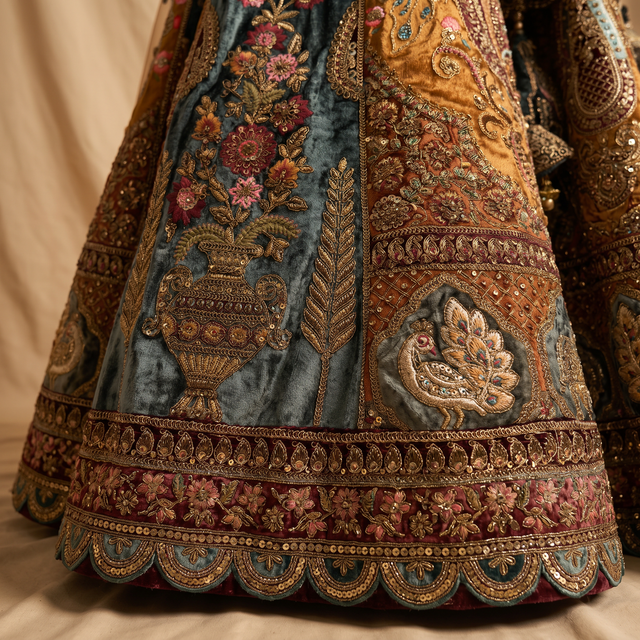 Gold embroidered lehenga hem with teal, maroon and floral motifs; scalloped border