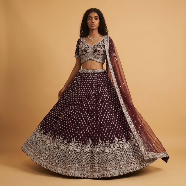 Wine georgette lehenga with flared skirt and silver-toned embroidery, matching blouse