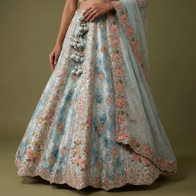 Sky-blue multicolor lehenga with floral embroidery, pom-pom trim and sheer organza dupatta