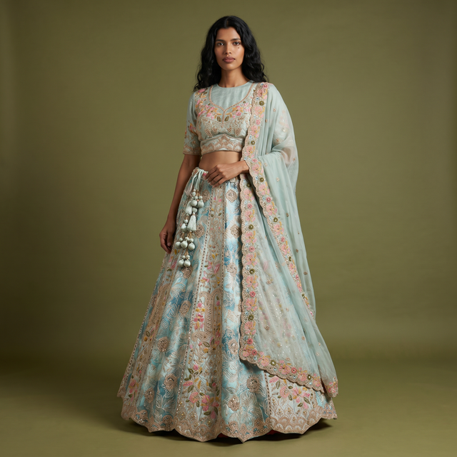 Sky-blue multicolor lehenga with embroidered blouse and organza dupatta, full view