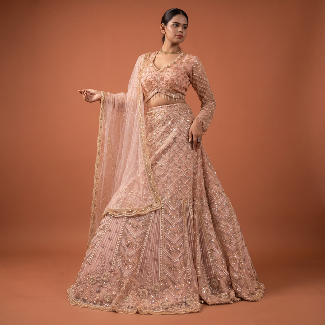 Soft pink designer lehenga with beadwork, embroidered bodice and flared skirt