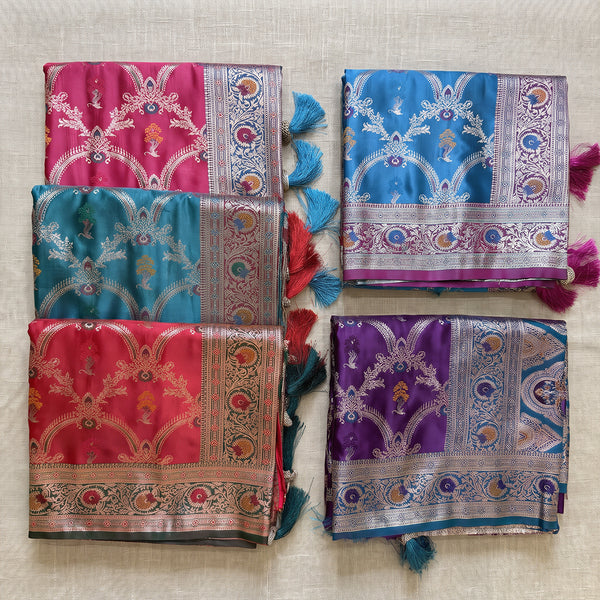Satin Gifting Saree with Meenakari Arch Jaal & Contrast Border in five colours