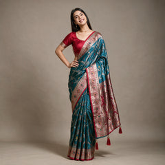 Satin Gifting Saree with Meenakari Arch Jaal & Contrast Border in teal with a red border, worn by a model