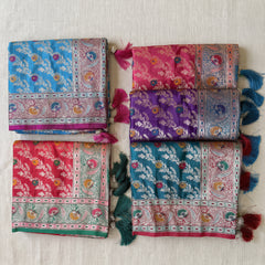 Satin Gifting Saree with Meenakari Leaf Jaal & Contrast Border in five colours