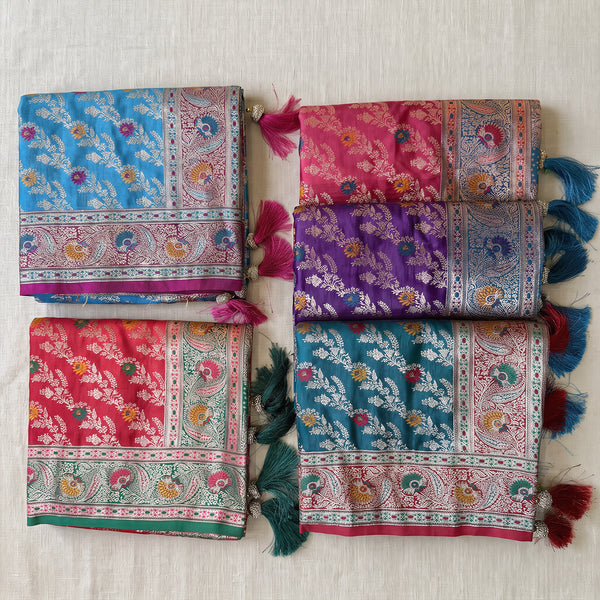 Satin Gifting Saree with Meenakari Leaf Jaal & Contrast Border in five colours