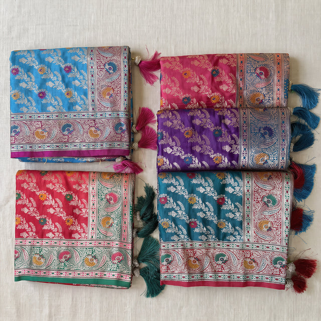 Satin Gifting Saree with Meenakari Leaf Jaal & Contrast Border in five colours