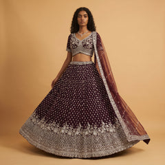 Wine georgette lehenga with silver zari embroidery, flared skirt and matching dupatta