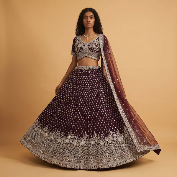Wine georgette lehenga with silver zari embroidery, flared skirt and matching dupatta