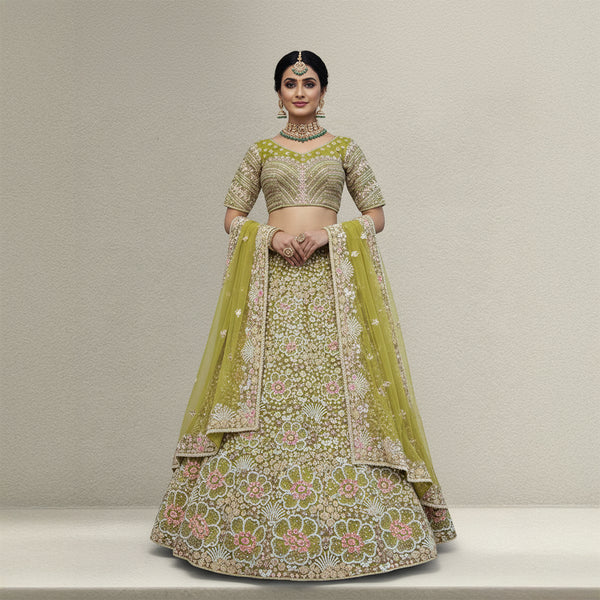 Cherry Blossom - Pista Green Floral Lehenga With Designer Heavy Blouse