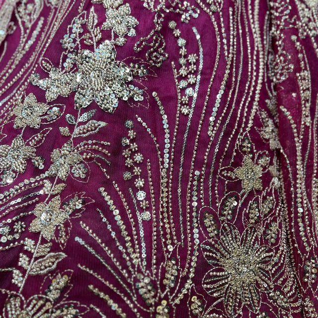Silver floral beadwork and pearls on wine fabric, detailed embroidery