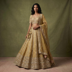 Muted yellow embellished designer lehenga with blouse and draped dupatta