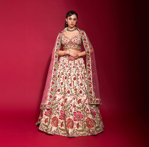 Rosé - Multicolor Raw Silk Off White Floral Lehenga - JMS Studio