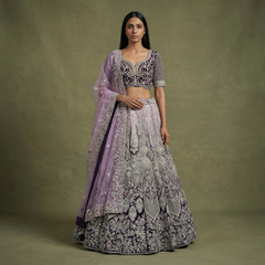Lavender velvet lehenga with embroidered blouse and flared skirt, plus sheer dupatta