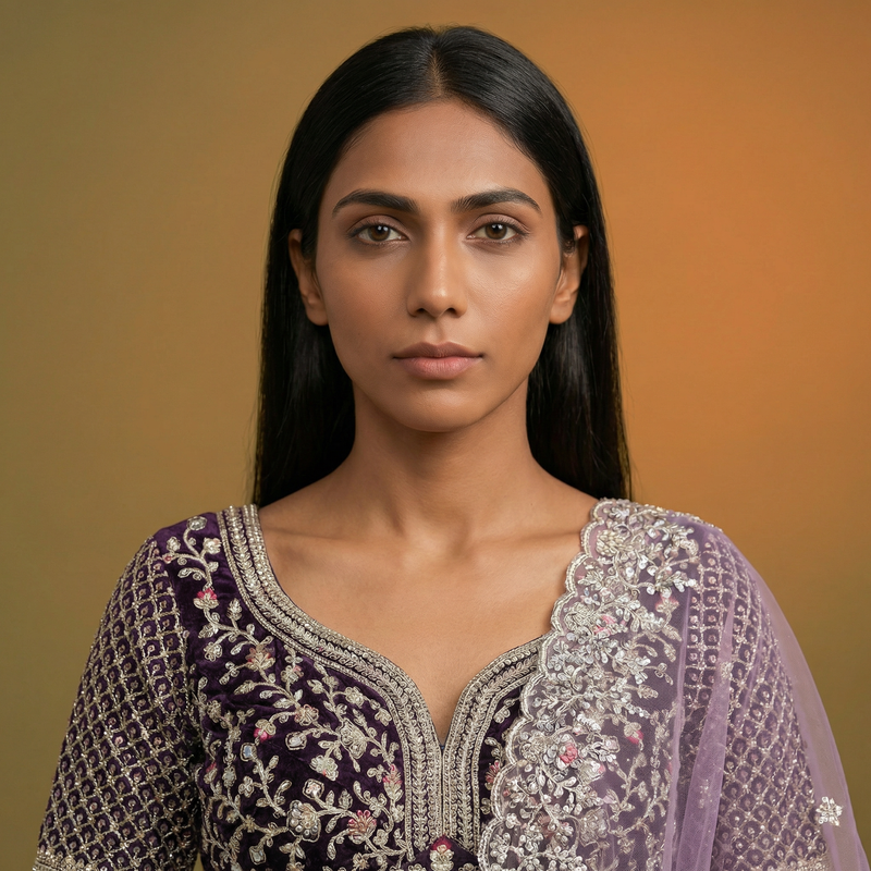 Embroidered lavender velvet blouse with scalloped neckline and mesh overlay