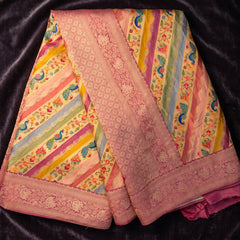 Multicolour position print saree in pure viscose, opened out to show the border and pallu