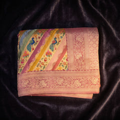 Multicolour position print saree in pure viscose, folded view