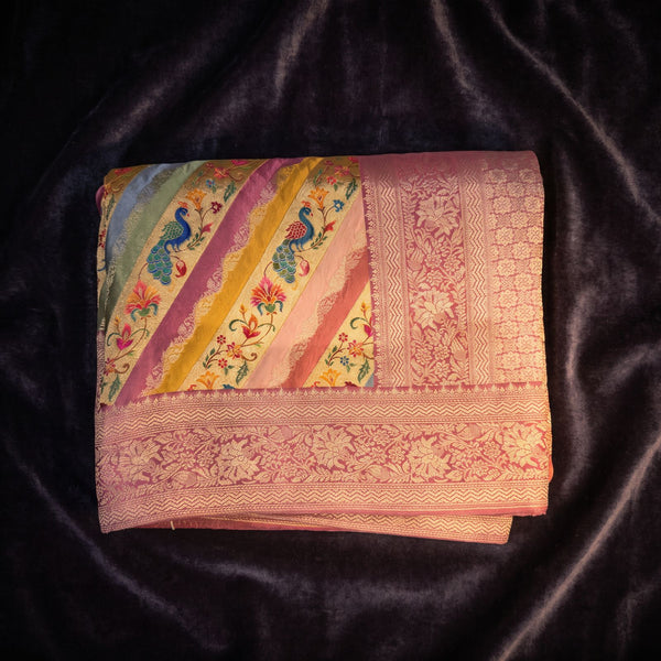 Multicolour Pure Viscose Position Print Saree with Leheriya Stripes, Peacocks & Pink Zari Border