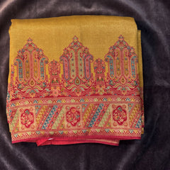Mustard Yellow position print saree in pure viscose, folded view