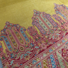 Mustard Yellow position print saree in pure viscose, close-up of the print