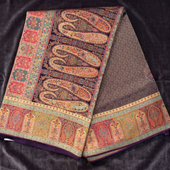 Navy Blue position print saree in pure viscose, opened out to show the border and pallu