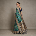 Navy teal leheriya Banarasi art silk saree with gold paisley zari pallu
