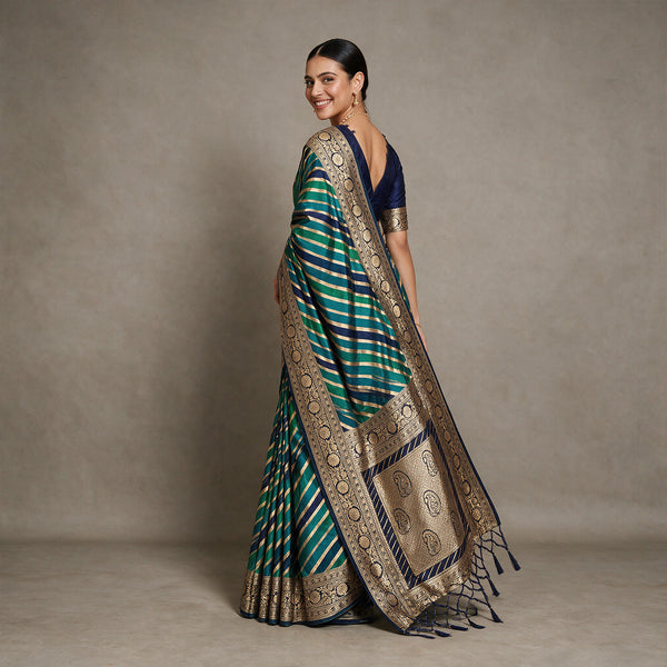 Navy teal leheriya Banarasi art silk saree with gold paisley zari pallu