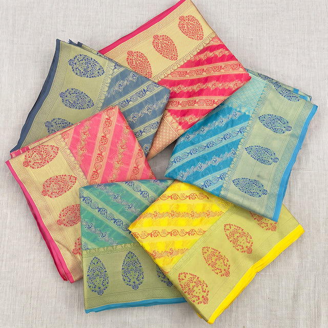 Organza sarees with diagonal zari stripes and leaf buta border in six colours