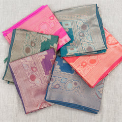 Organza sarees with geometric meenakari zari weave in six colours