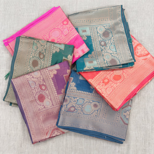 Organza sarees with geometric meenakari zari weave in six colours