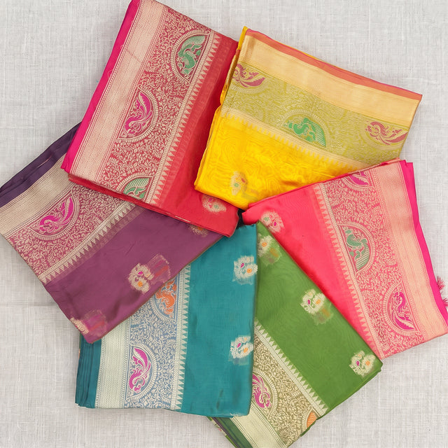 Organza sarees with meenakari peacock border in six colours