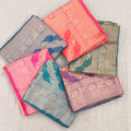 Organza sarees with zari peacock paisley border in six colours