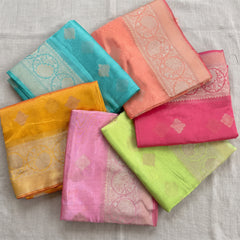 Organza sarees with zari medallion border in six bright colours