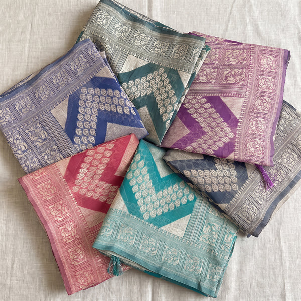 Organza sarees with zigzag zari weave in six colours