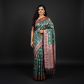 Green patola silk saree with maroon border and geometric woven motifs