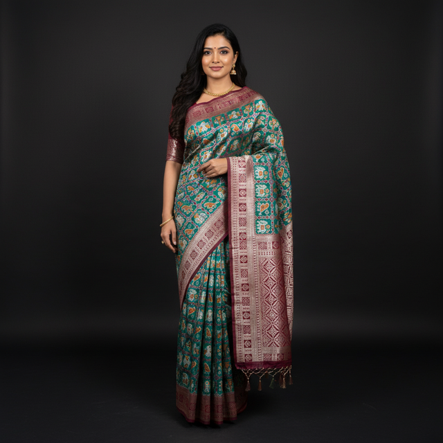 Green patola silk saree with maroon border and geometric woven motifs