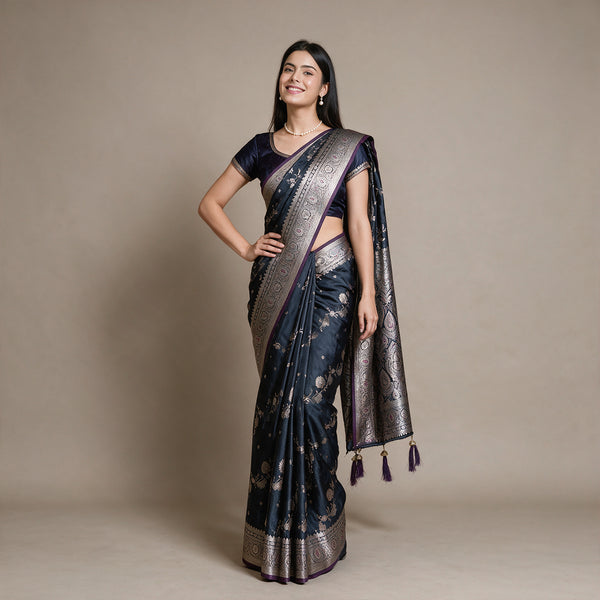 Satin Gifting Saree with Zari Floral Vine & Paisley Border