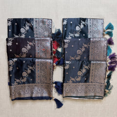 Satin Gifting Saree with Zari Floral Vine & Paisley Border in six dark colours