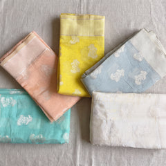 Pastel organza sarees with silver leaf buta in five colours