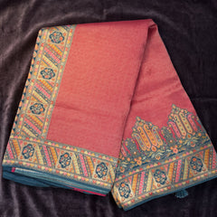 Pink position print saree in pure viscose, opened out to show the border and pallu