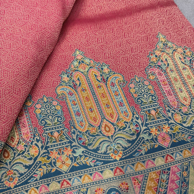 Pink position print saree in pure viscose, close-up of the print