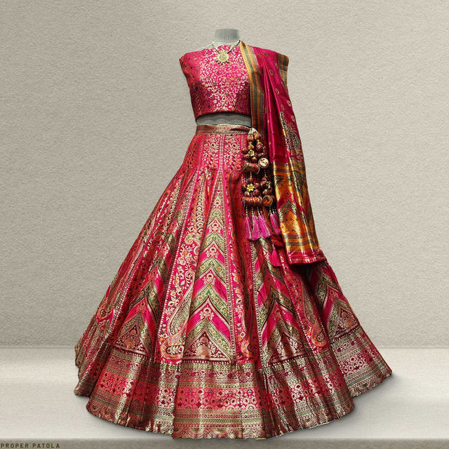 Pink Banarasi silk flared lehenga with sleeveless blouse and matching dupatta