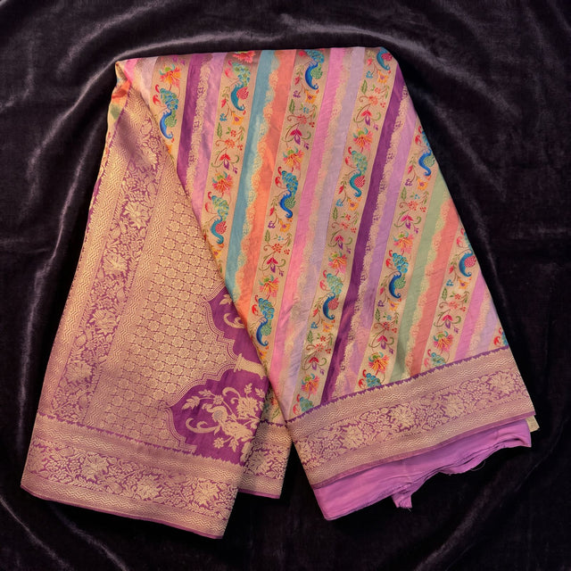 Purple position print saree in pure viscose, opened out to show the border and pallu