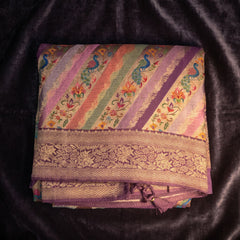 Purple position print saree in pure viscose, folded view