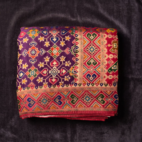 Purple Pure Viscose Position Print Saree with Patola Pattern & Red Border