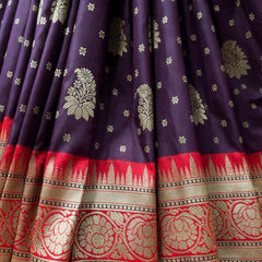 Purple Banarasi Art Silk Saree with Zari Butas & Red Temple Border, close-up of the weave