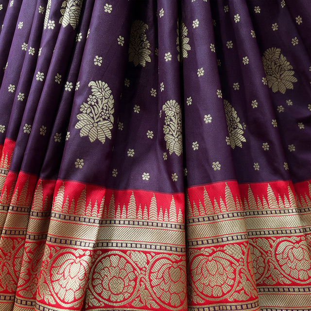 Purple Banarasi Art Silk Saree with Zari Butas & Red Temple Border, close-up of the weave