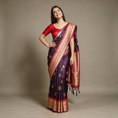 Purple Banarasi Art Silk Saree with Zari Butas & Red Temple Border, worn by a model
